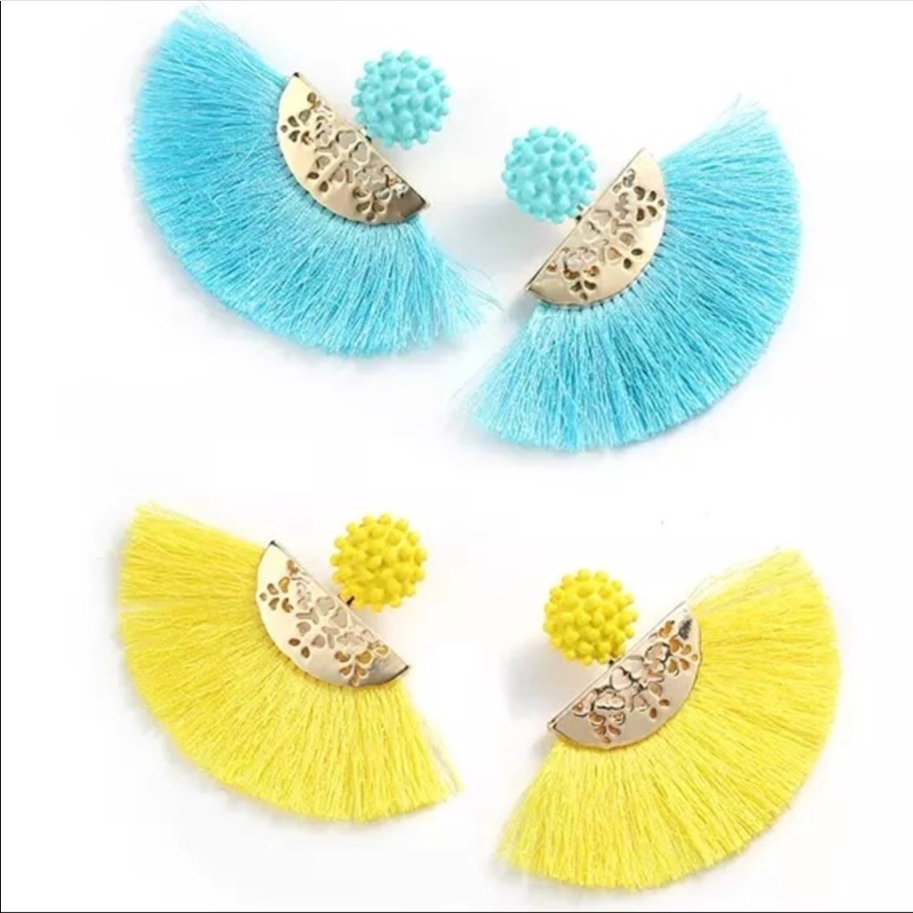 ππ Blue and Yellow Fringe Fan Earrings π - Picture 4 of 6